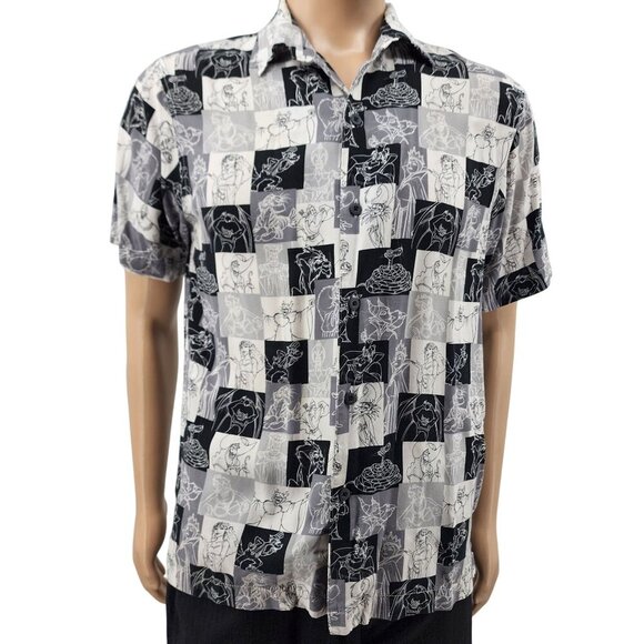 Disney Villains Black/Gray Sketch Pattern Short Sleeve Shirt, Men's Medium
